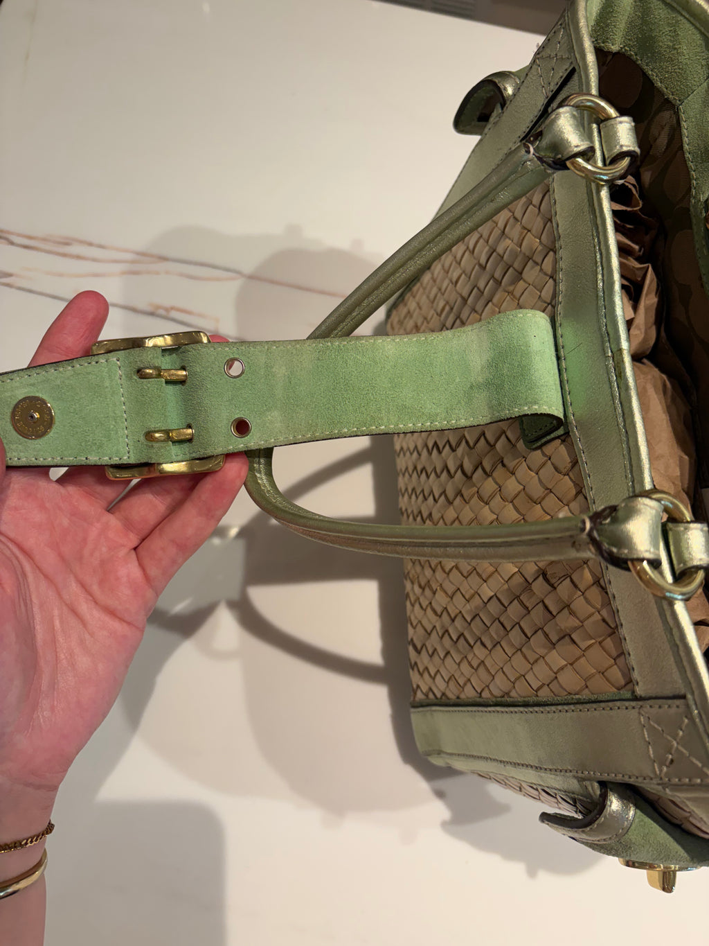 Coach 2004 Legacy Metallic Mint Wicker Basket Tote