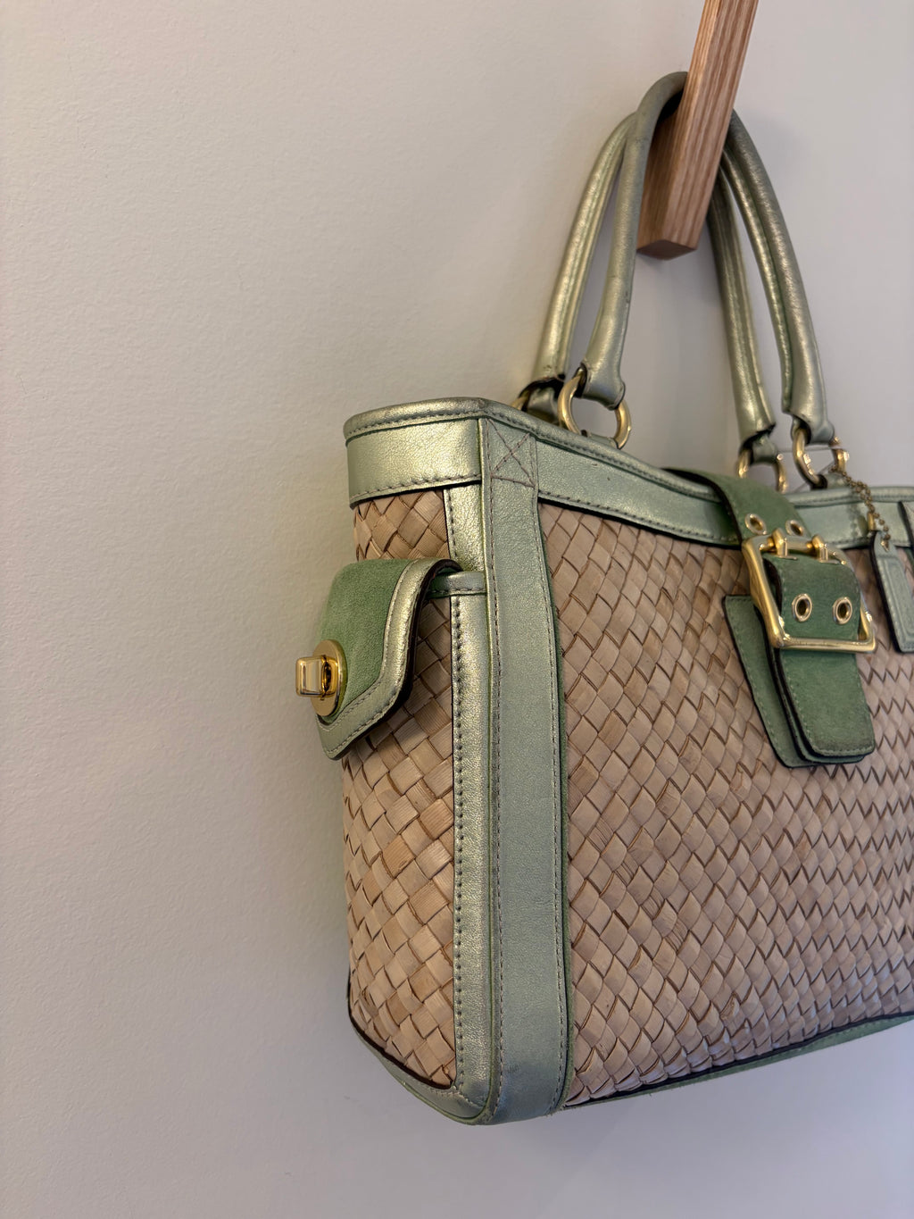 Coach 2004 Legacy Metallic Mint Wicker Basket Tote