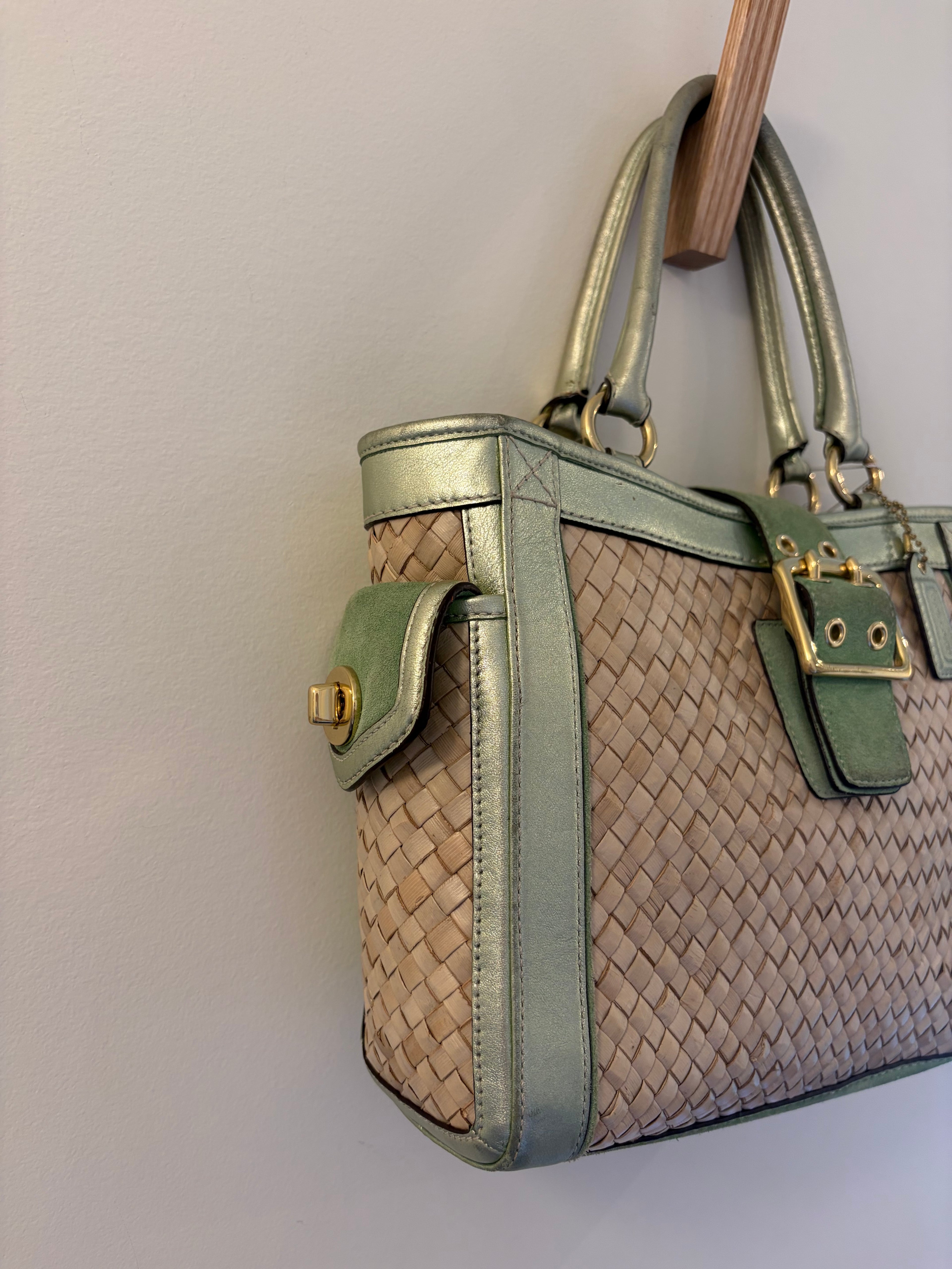Coach 2004 Legacy Metallic Mint Wicker Basket Tote