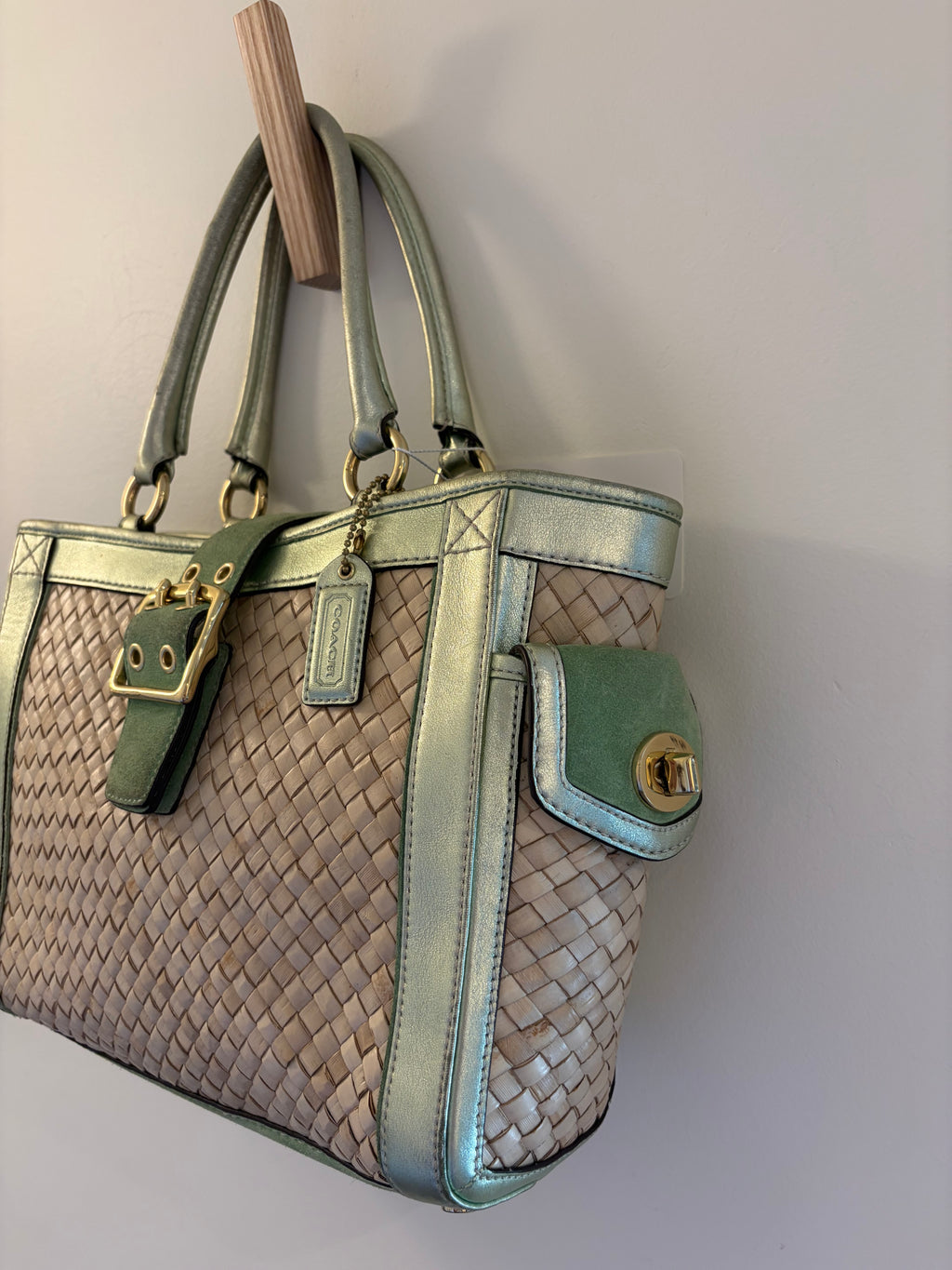 Coach 2004 Legacy Metallic Mint Wicker Basket Tote