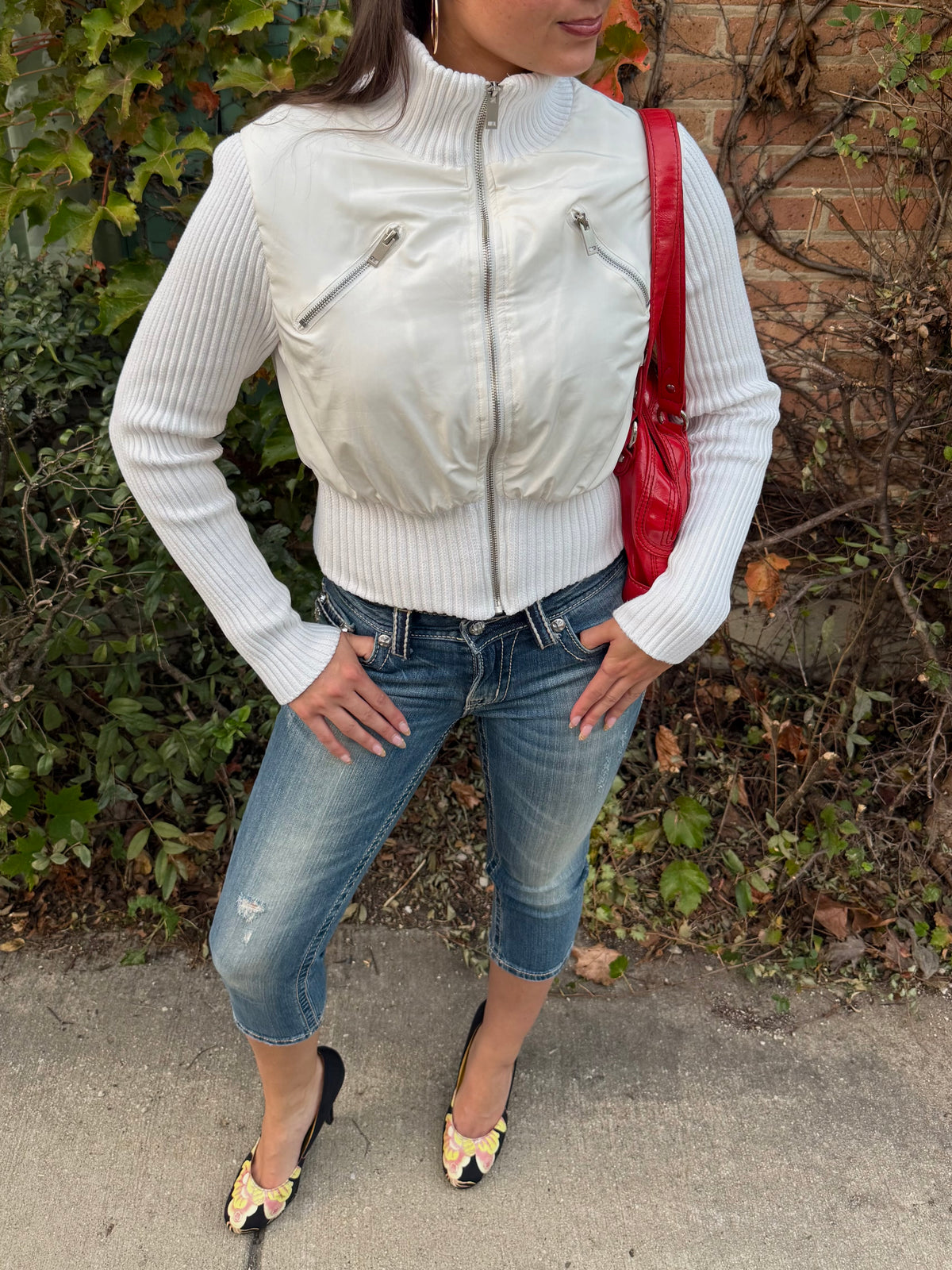 Cropped White Ribbed Coat - Small