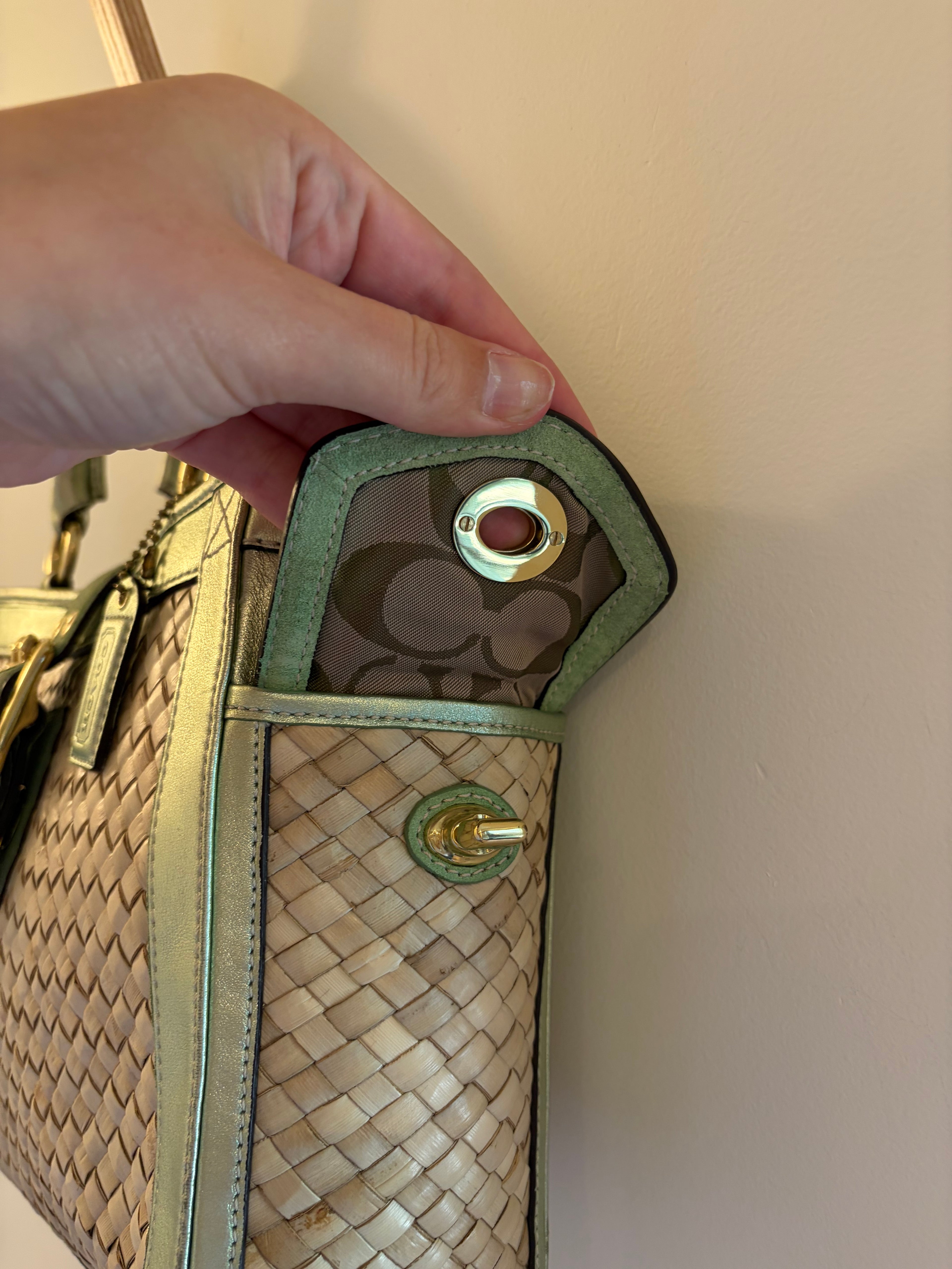 Coach 2004 Legacy Metallic Mint Wicker Basket Tote