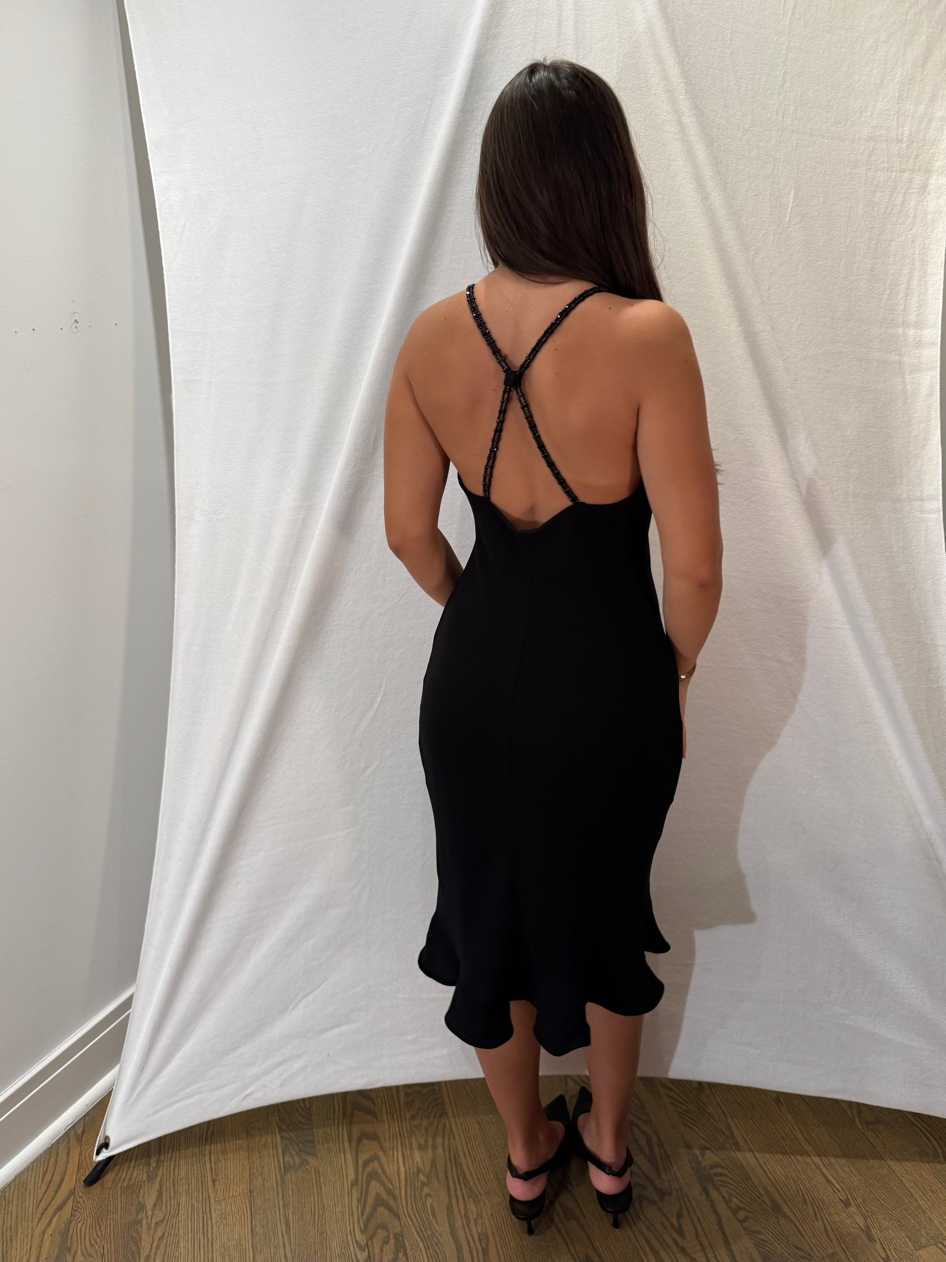 Black Beaded Strap Midi Ruffle Trim Dress - Small