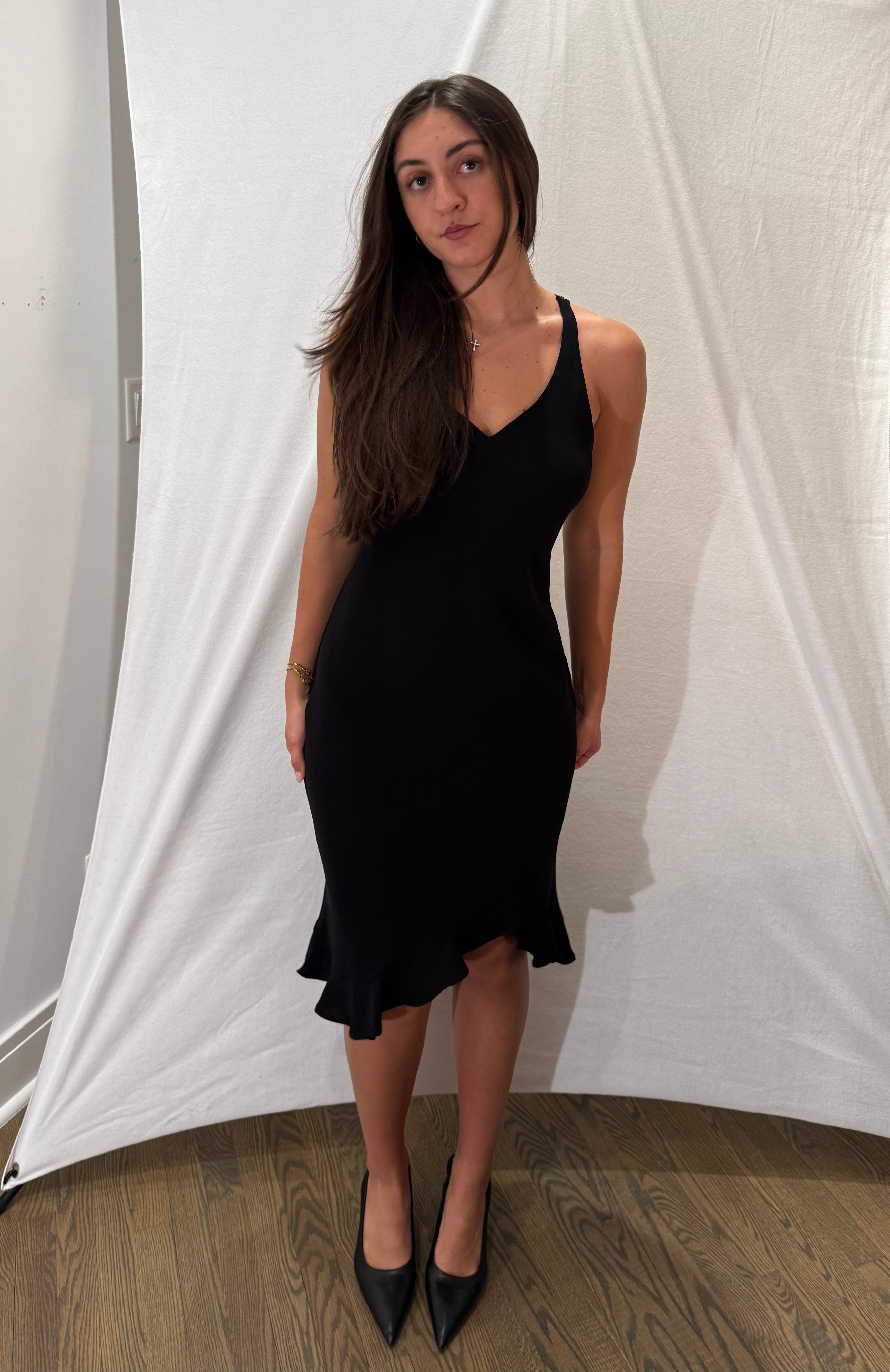 Black Beaded Strap Midi Ruffle Trim Dress - Small