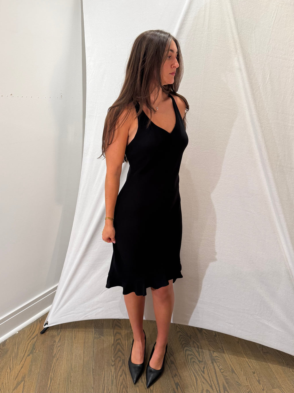 Black Beaded Strap Midi Ruffle Trim Dress - Small