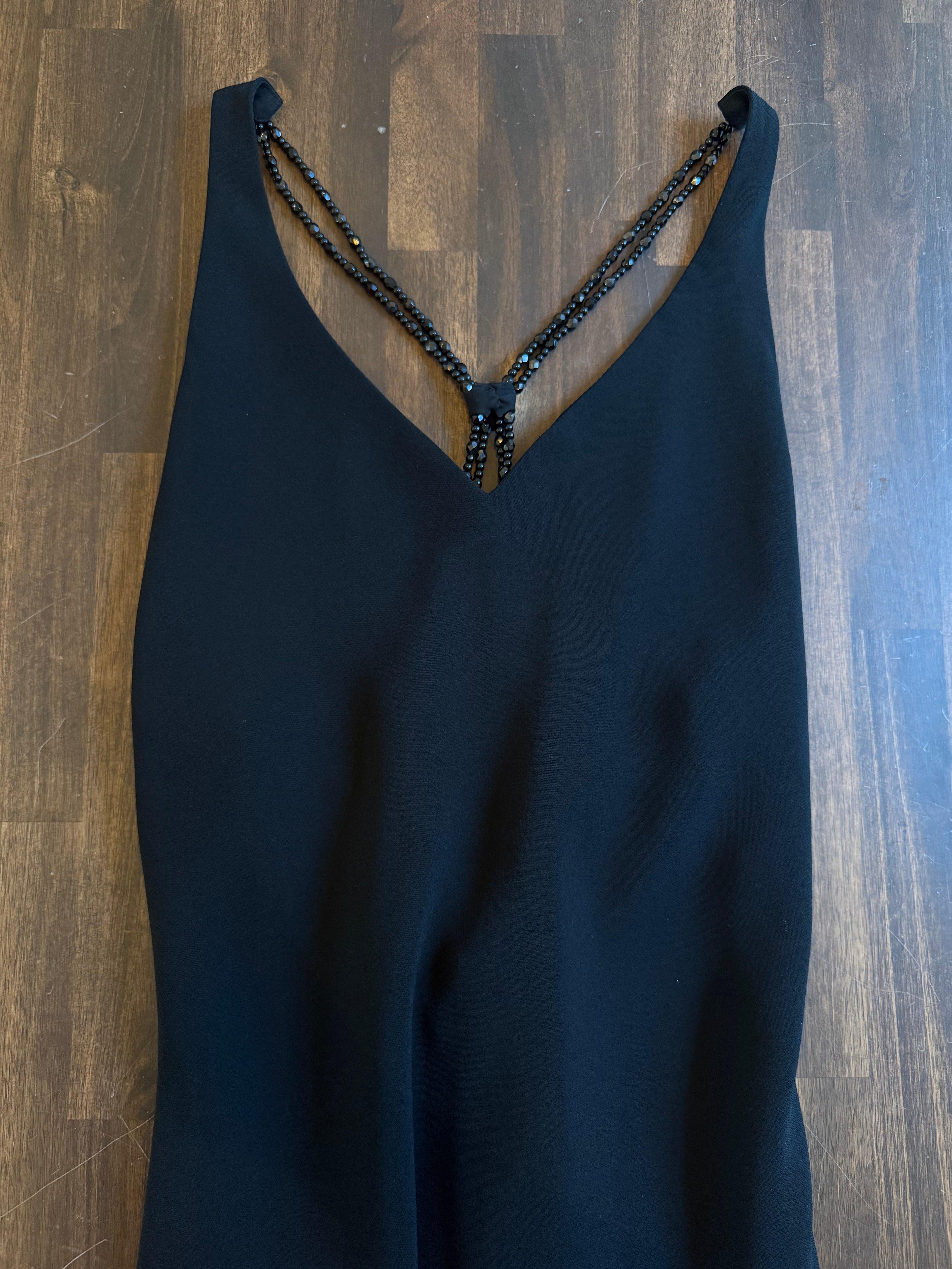 Black Beaded Strap Midi Ruffle Trim Dress - Small