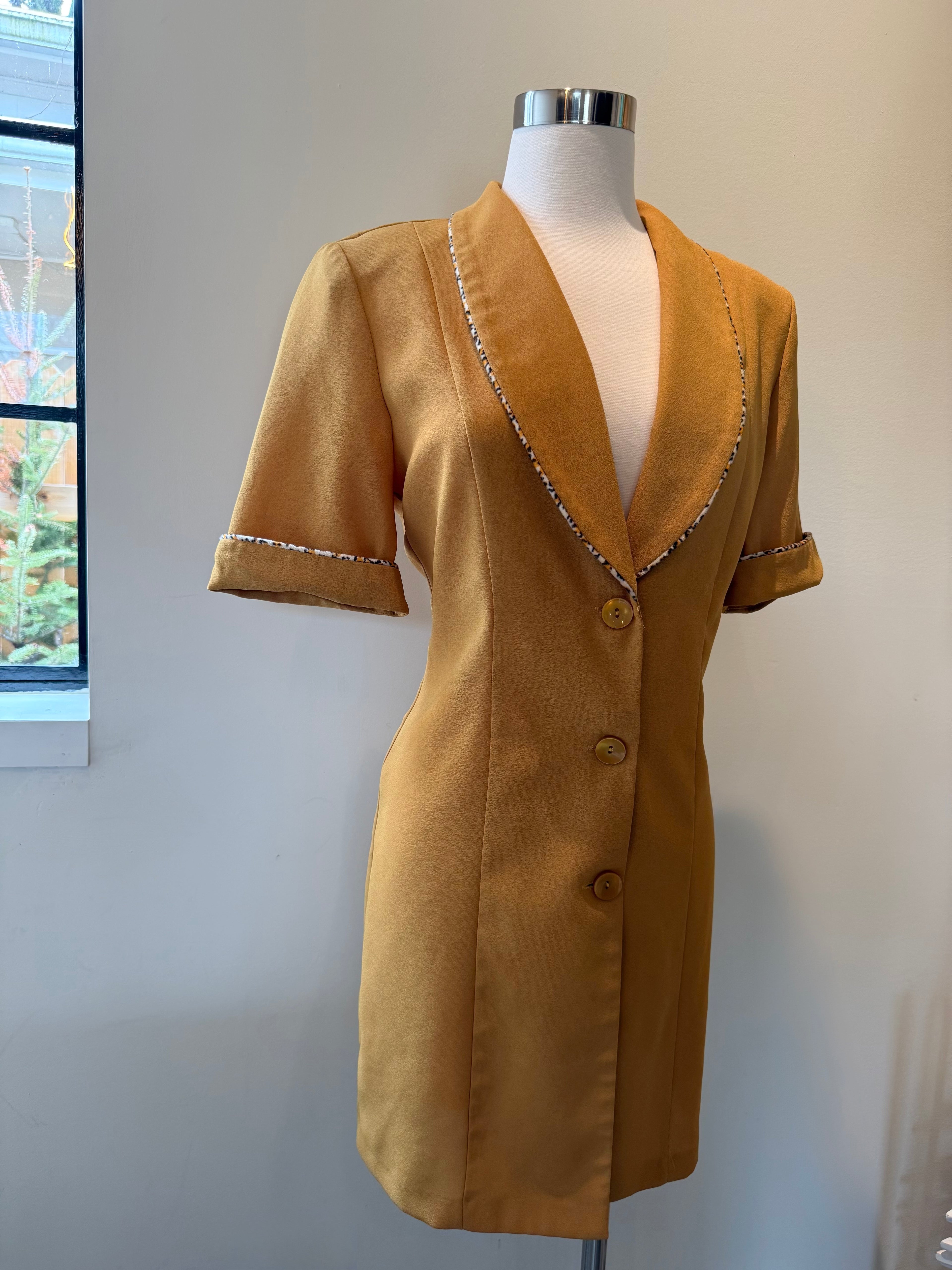 Yellow Leopard Trim Blazer Dress - Medium