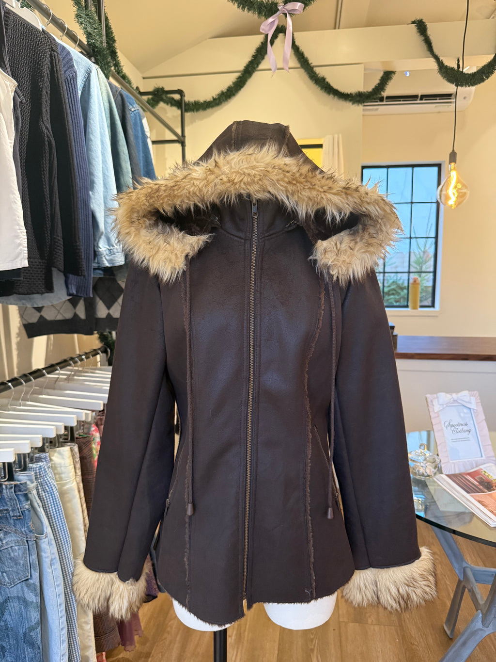 Faux Brown Suede Leather Fur Trim Jacket - S/M