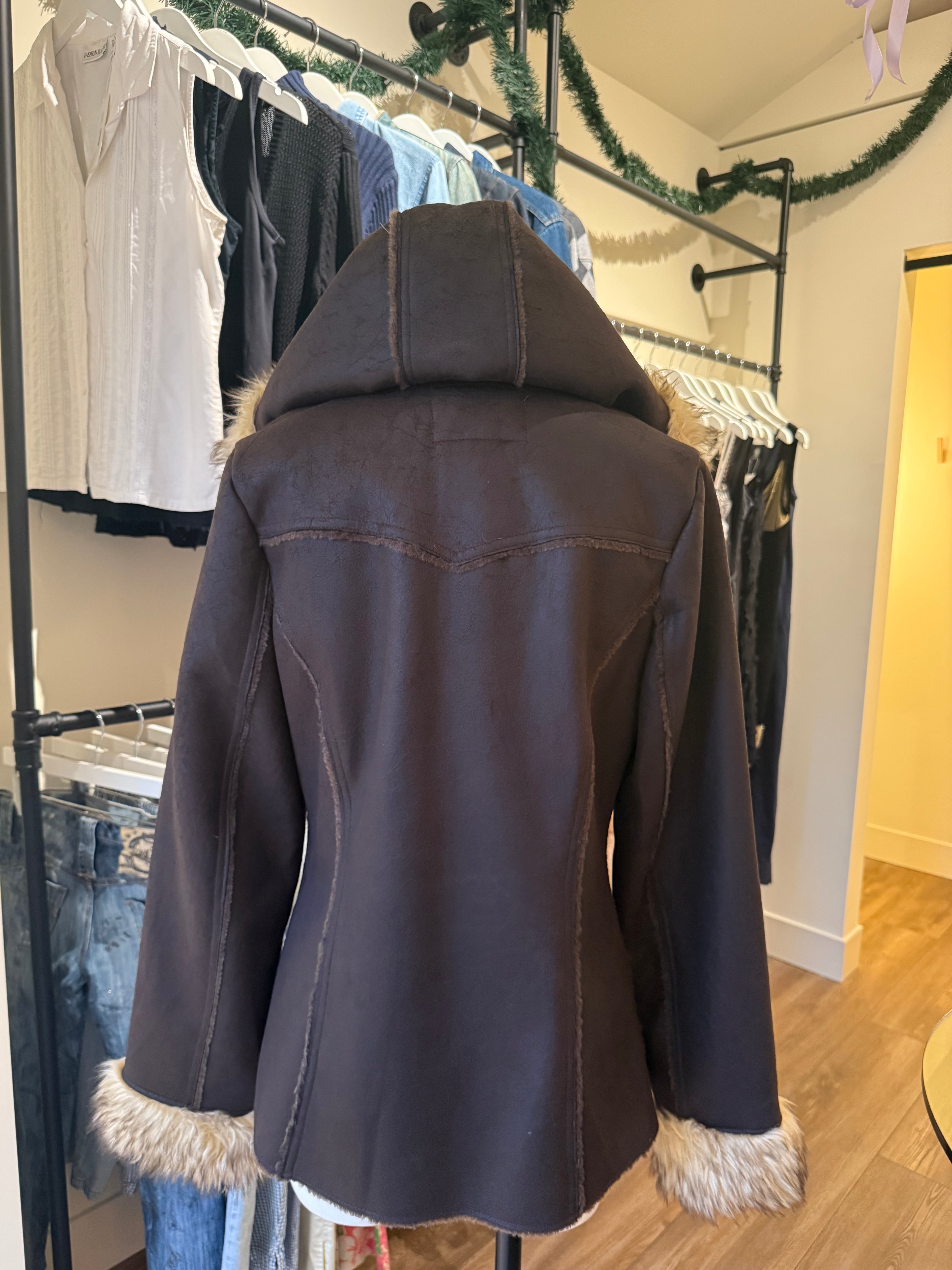 Faux Brown Suede Leather Fur Trim Jacket - S/M