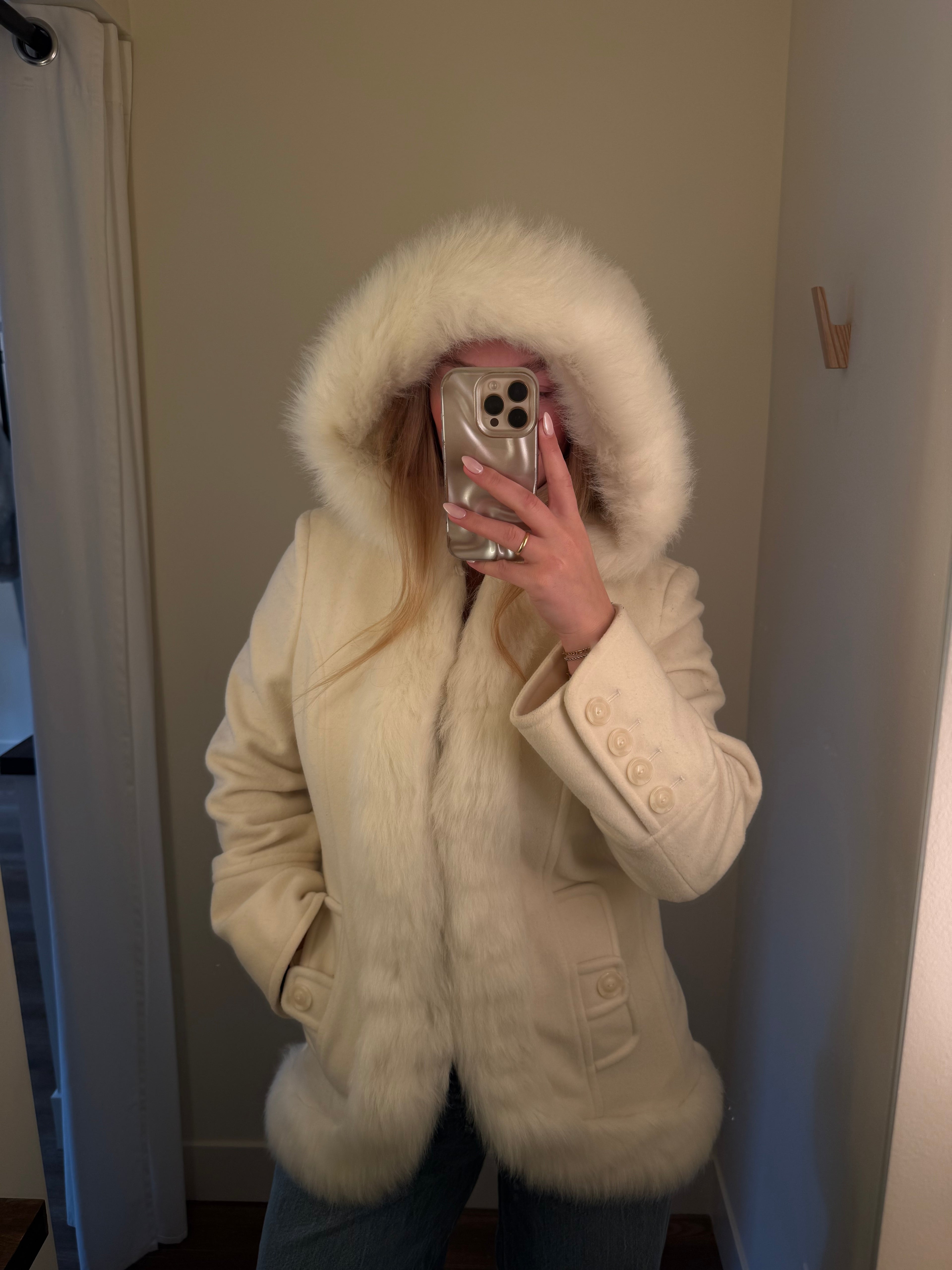 White Fur Trim Hooded Coat - Medium