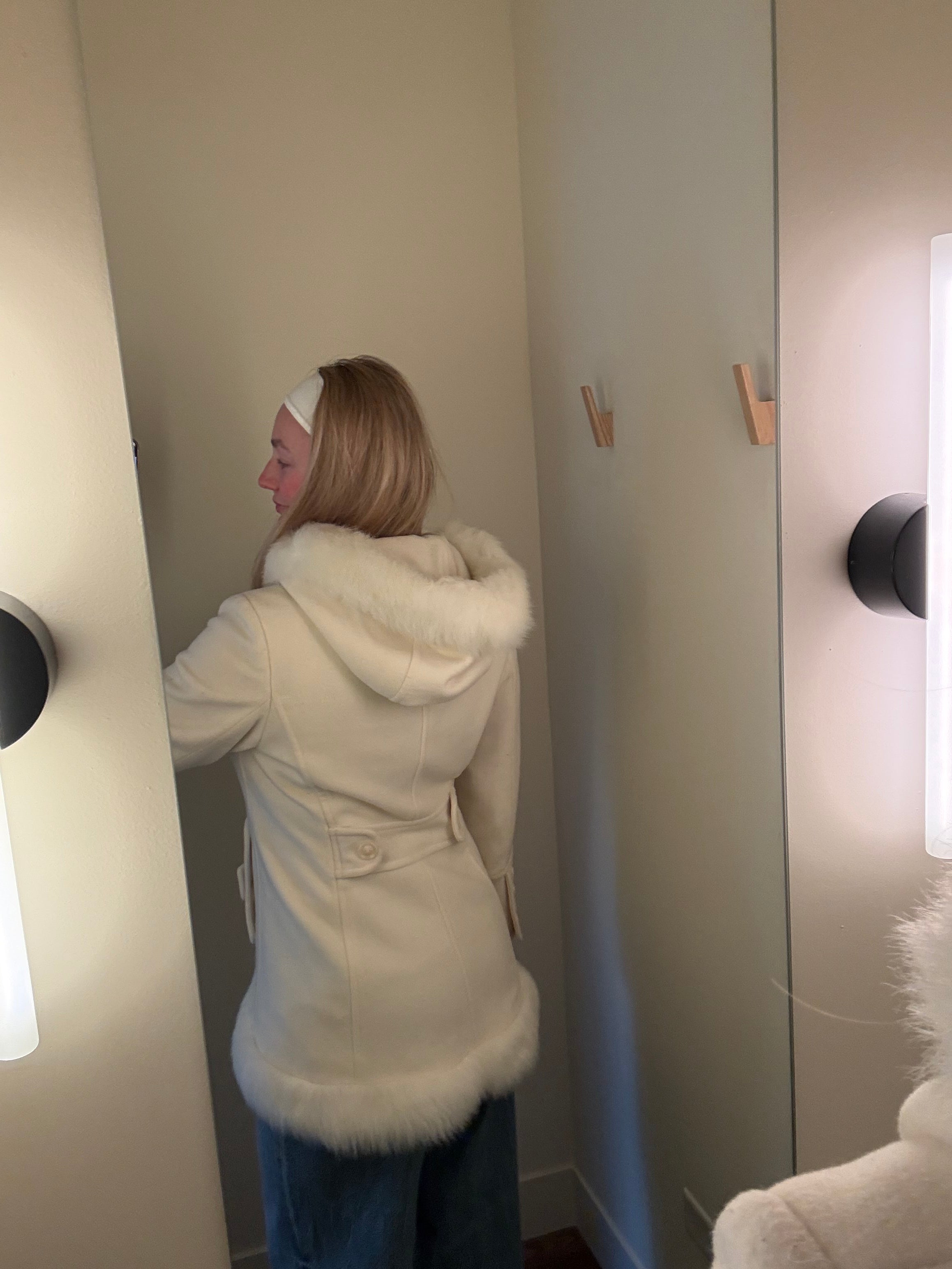 White Fur Trim Hooded Coat - Medium