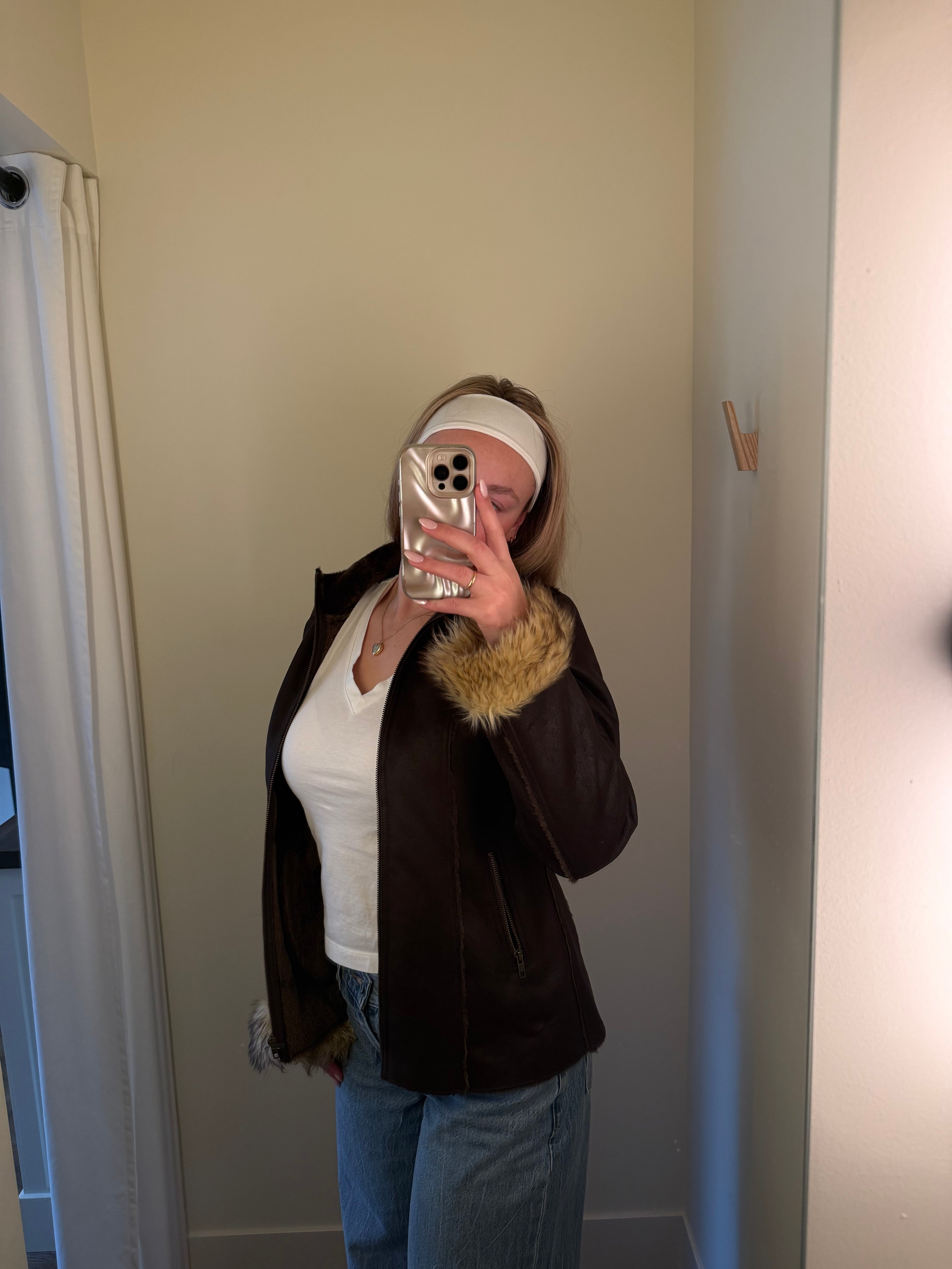 Faux Brown Suede Leather Fur Trim Jacket - S/M