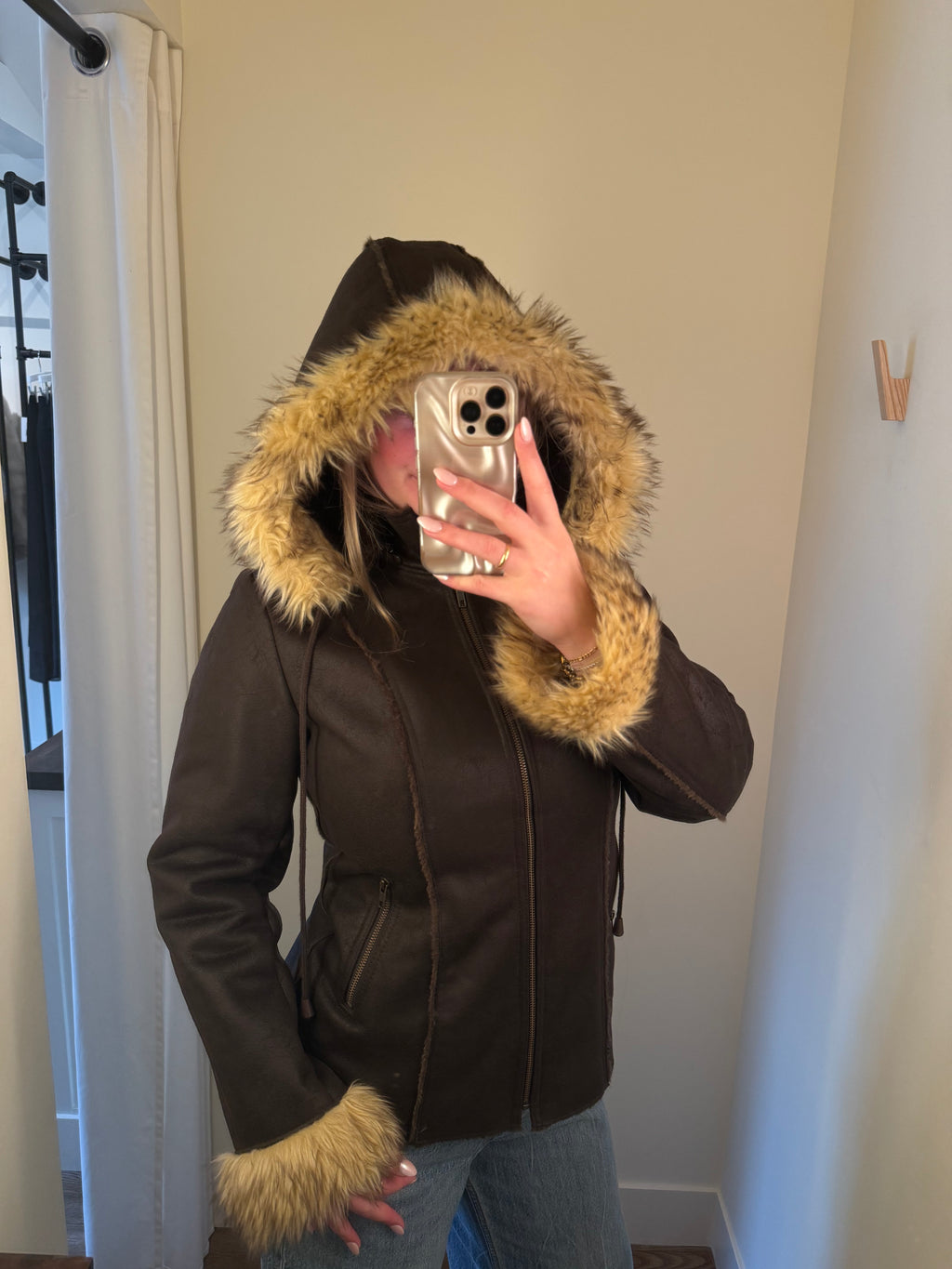 Faux Brown Suede Leather Fur Trim Jacket - S/M