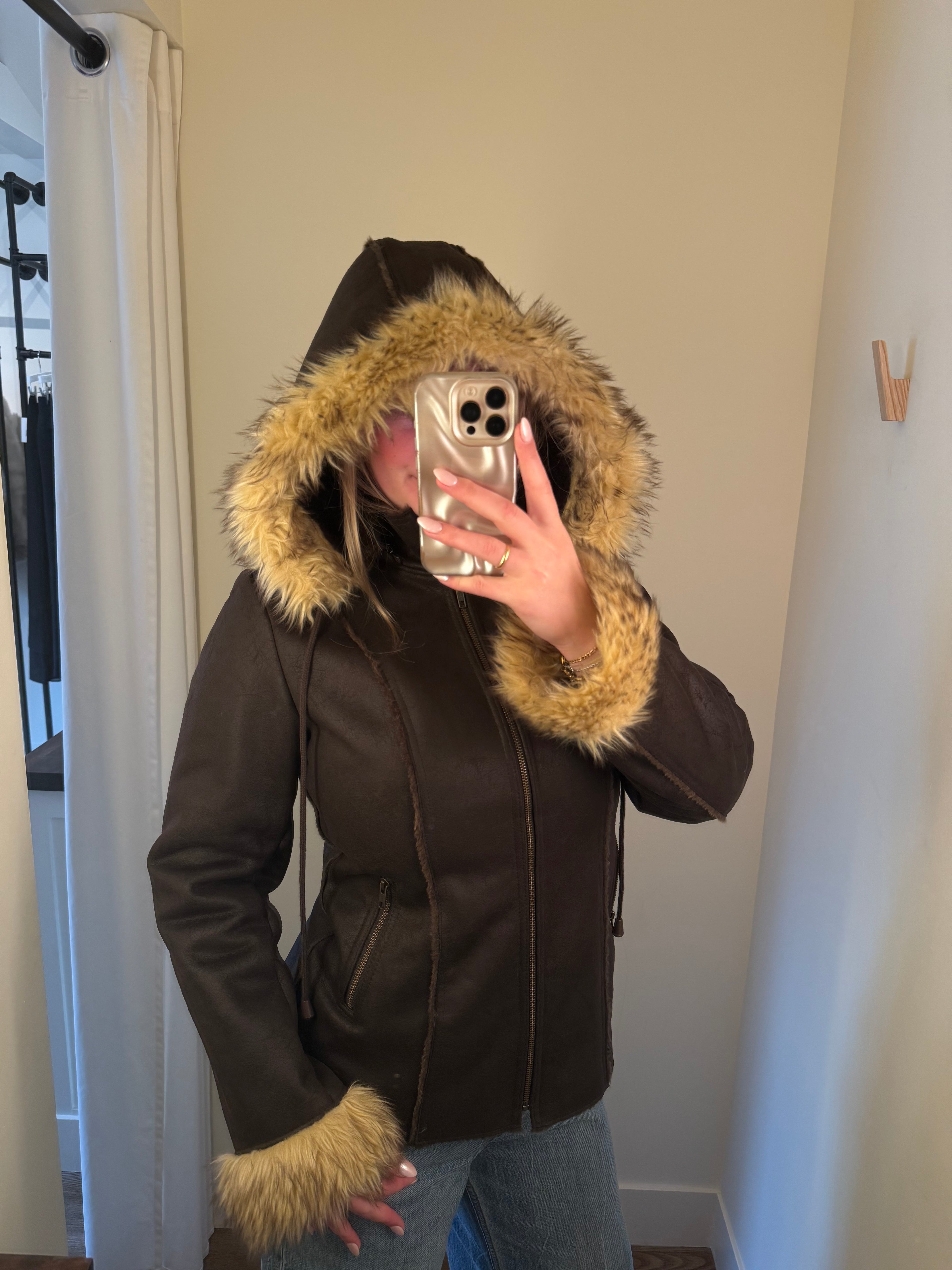 Faux Brown Suede Leather Fur Trim Jacket - S/M