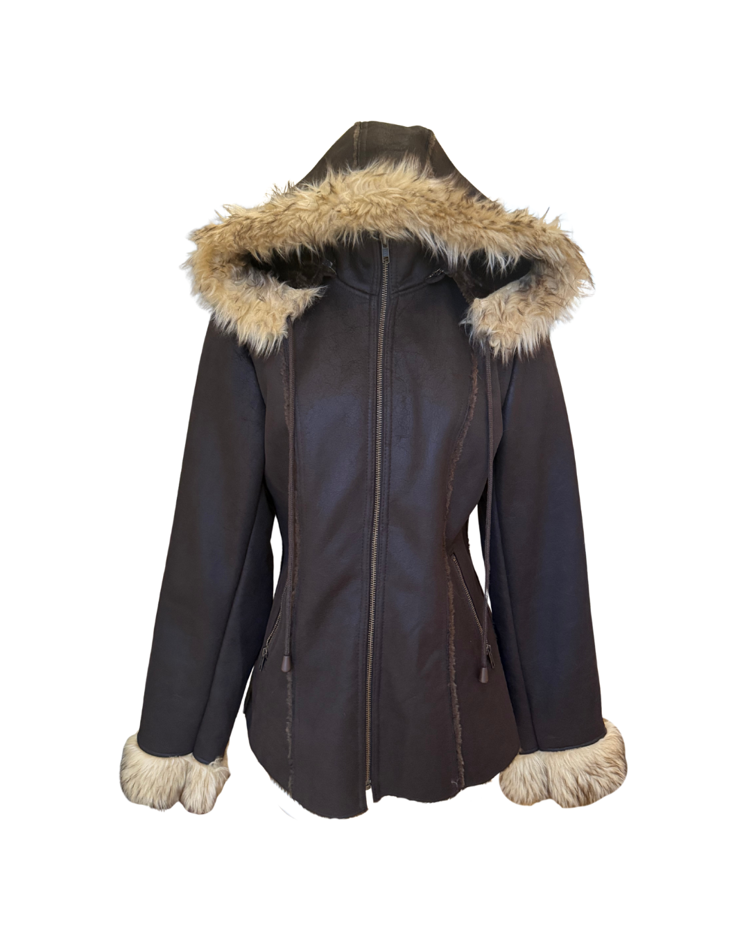 Faux Brown Suede Leather Fur Trim Jacket - S/M